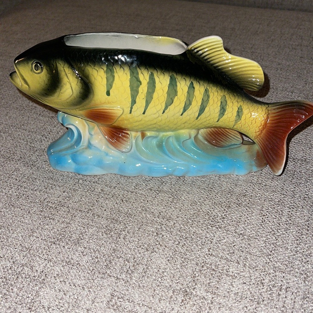 RUBENS Vintage Ceramic Hand Painted Yellow Perch Fish Planter Japan